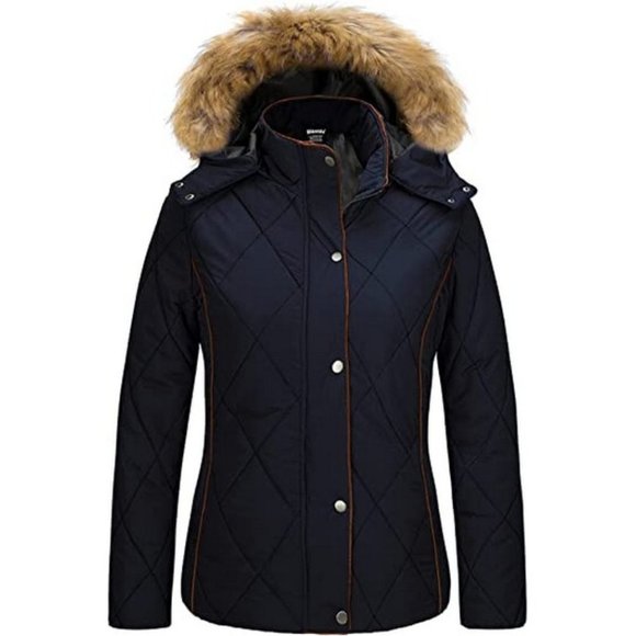 WOMEN'S Thicken Winter Coat Quilted Puffer Jacket with Fur Hood Navy